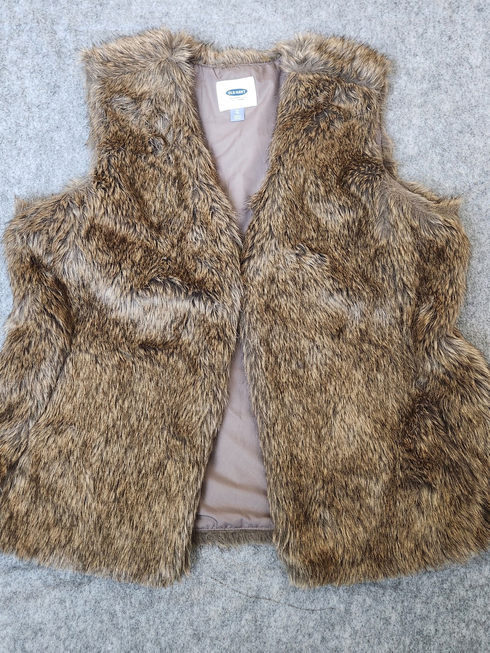Old Navy Faux Fur Vest Women's XL Brown Jacket Coat Shaggy Open Front Cozy Snow